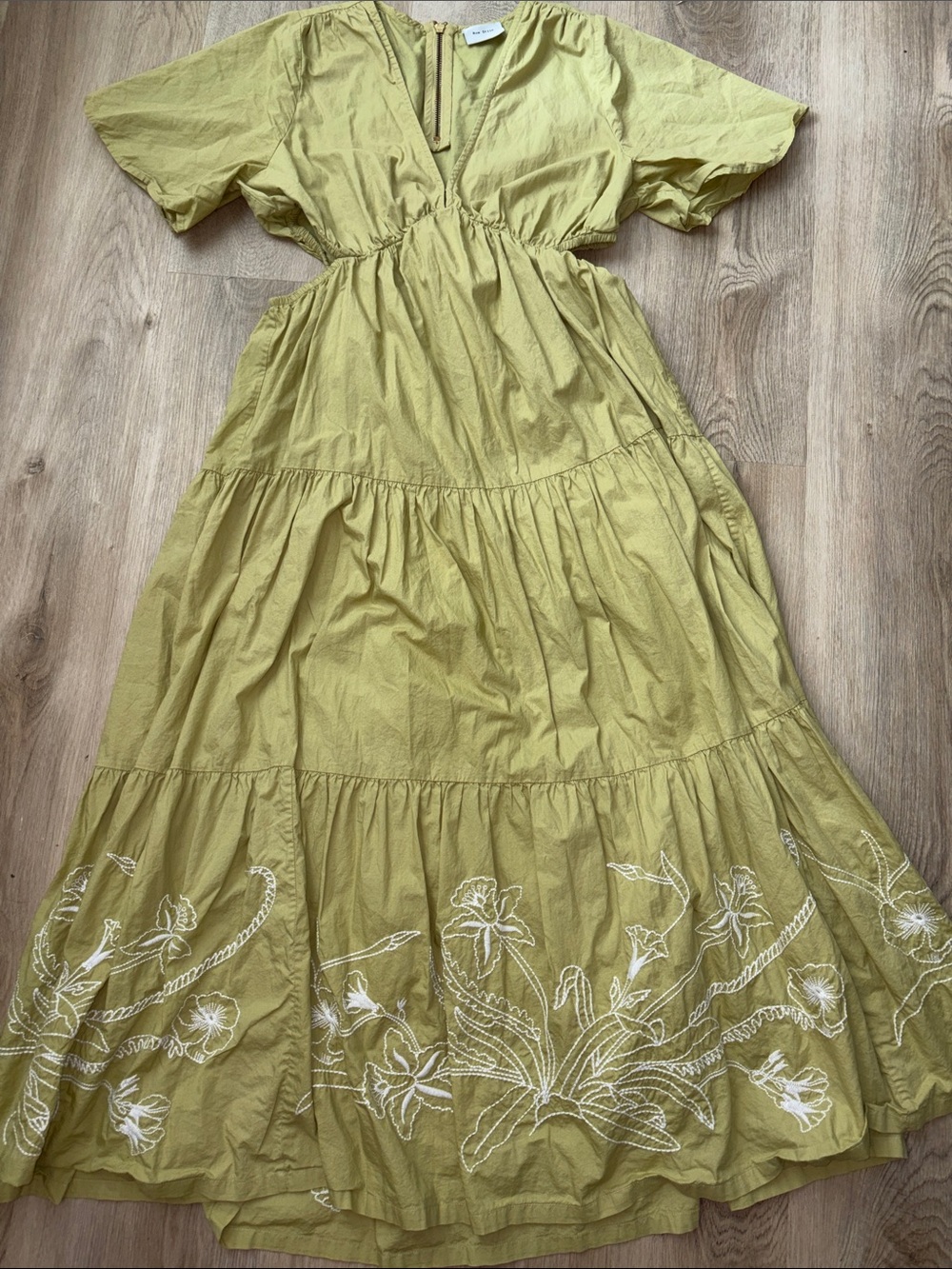 Rue Stiic Elera Maxi Dress Lime Green Embroidered Cutout Size L boho cotton